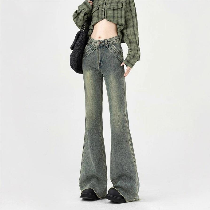 Nostalgia Blue Big Size Micro Flare Jeans Female Spring and Summer High-waisted Raw Edge Skinny Cover Crotch Flare Pants Retro Jeans for Ladies