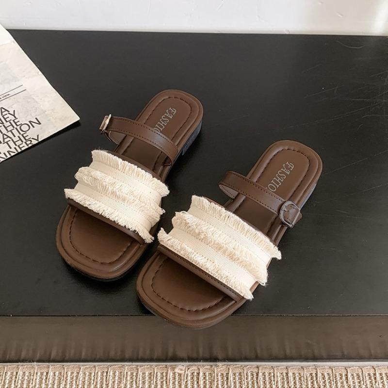 

One-line Slippers Summer French Shoes Small Beach Cooling Slippers 41 бежевый