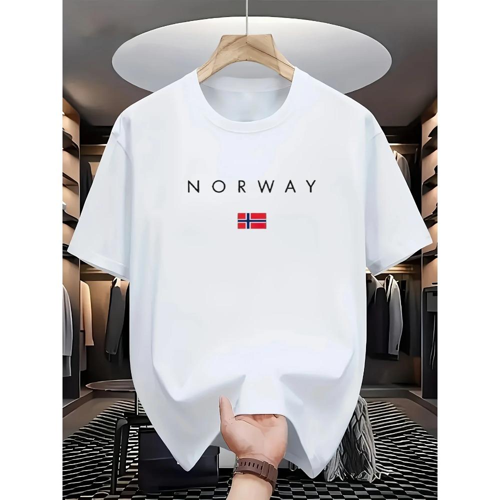 Men's Summer Pure Fashionable Sports Casual Loose NORWAY Pattern Printed Round Neck Short Sleeved T-shirt Top