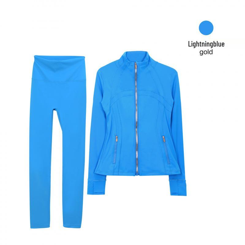 Lulu Original Gold Zipper Stand Collar Jacket & Cropped Yoga Pants Set - Women's Long Sleeve Tight Sports Suit