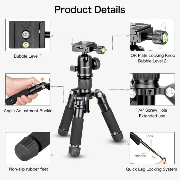Trépied mini portable - koolehaoda - alliage aluminium - hauteur 51 cm - charge 5 kg - 5 sections