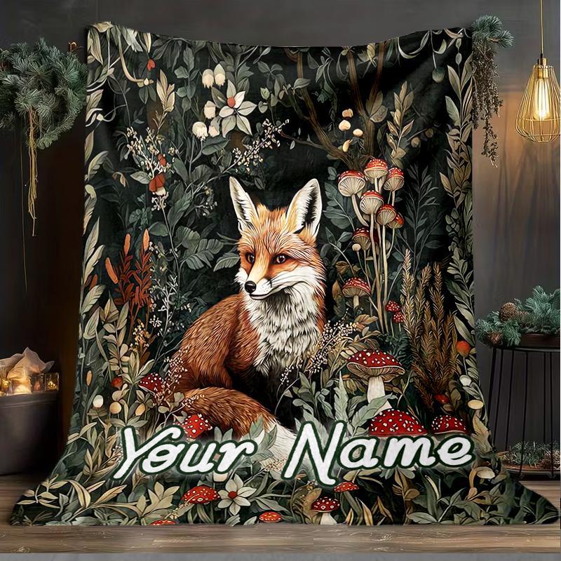1PC Custom Name Fox Forest Outdooor Flannel Blankets Throw Blanket All-Season Throw Gift Bedspread for Couch, Bed, Camping Holiday Birthda