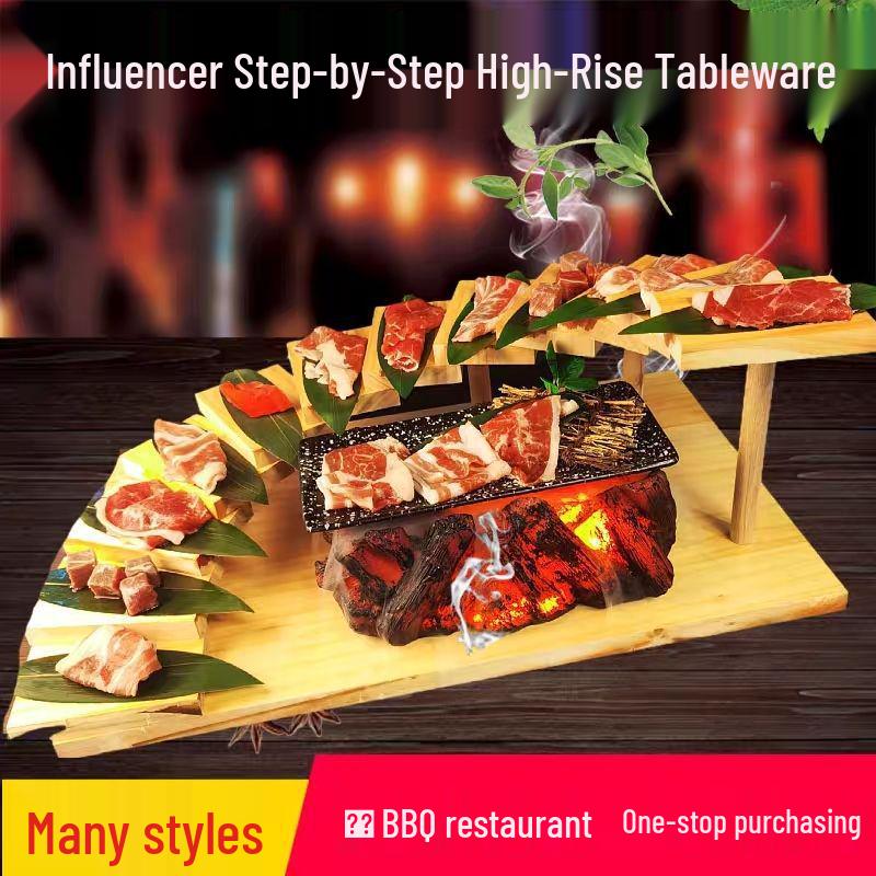 Artistic Wooden Tiered Platter for Sushi, Barbecue, and Hot Pot - Creative Restaurant Tableware Dish Plates