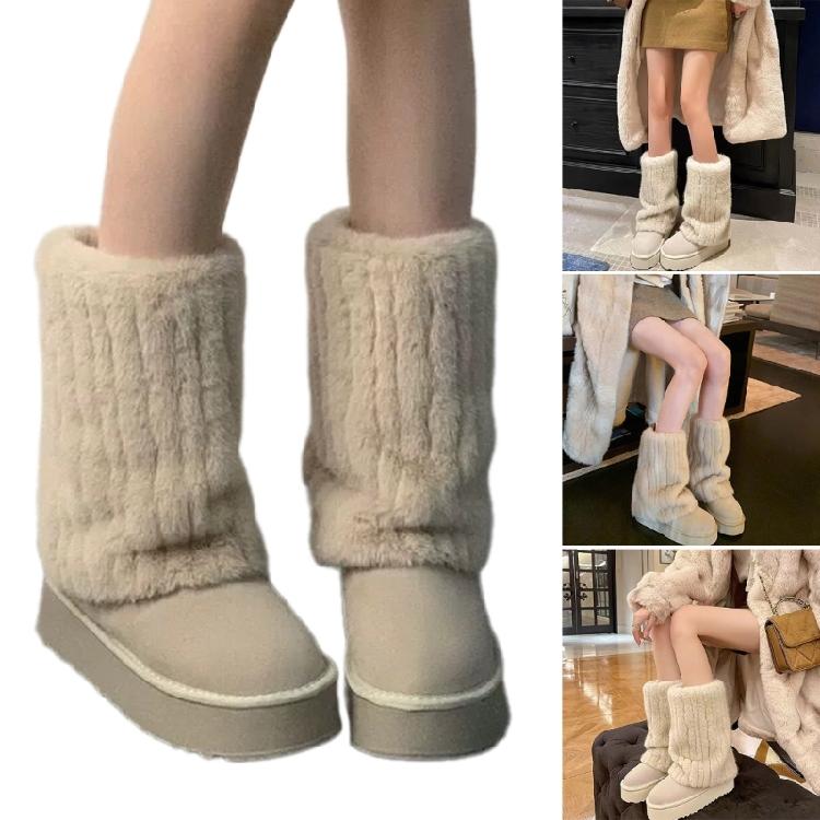 Women Ribbed Furry Leg Warmers Harajuku Winter Warm Plush Thickened Leggings Boot Cover Party Knee Length Leg Covers
