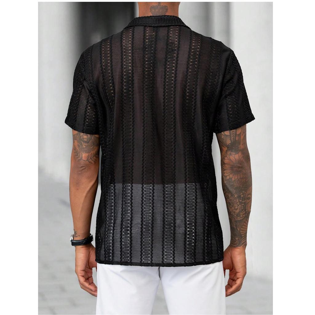 Men's Lace Short-sleeved Shirt With See-through Buttons, Holiday Casual Hollowed-out Top