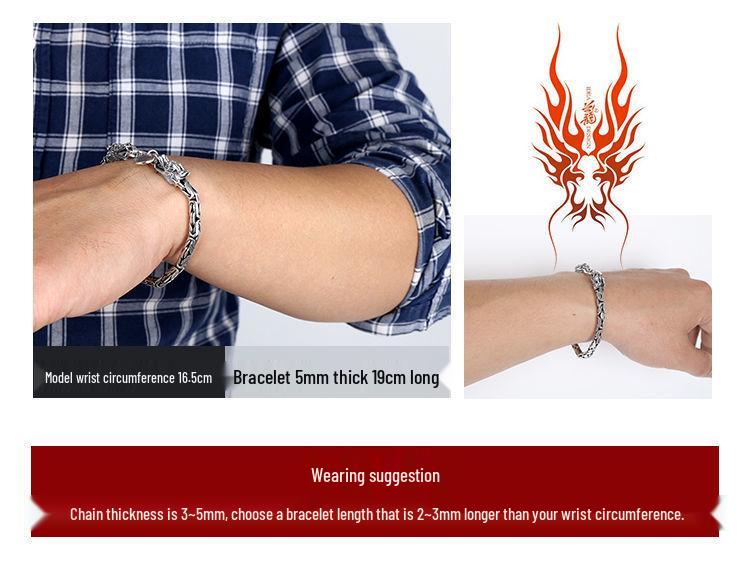 Men's Retro Thai Dragon Bracelet - Distressed Silver, Dragon Head & Bone Chain, Hip-Hop Style