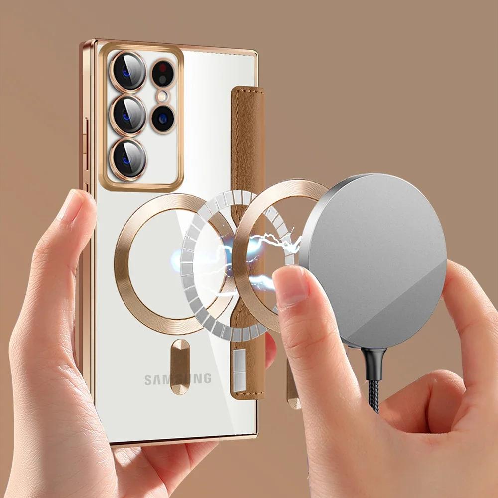 Magnetic Leather Card Holder Shell for Samsung Galaxy S26 Ultra Edge S25 S24 Wireless Charge Card Holder Shockproof Hard Cover