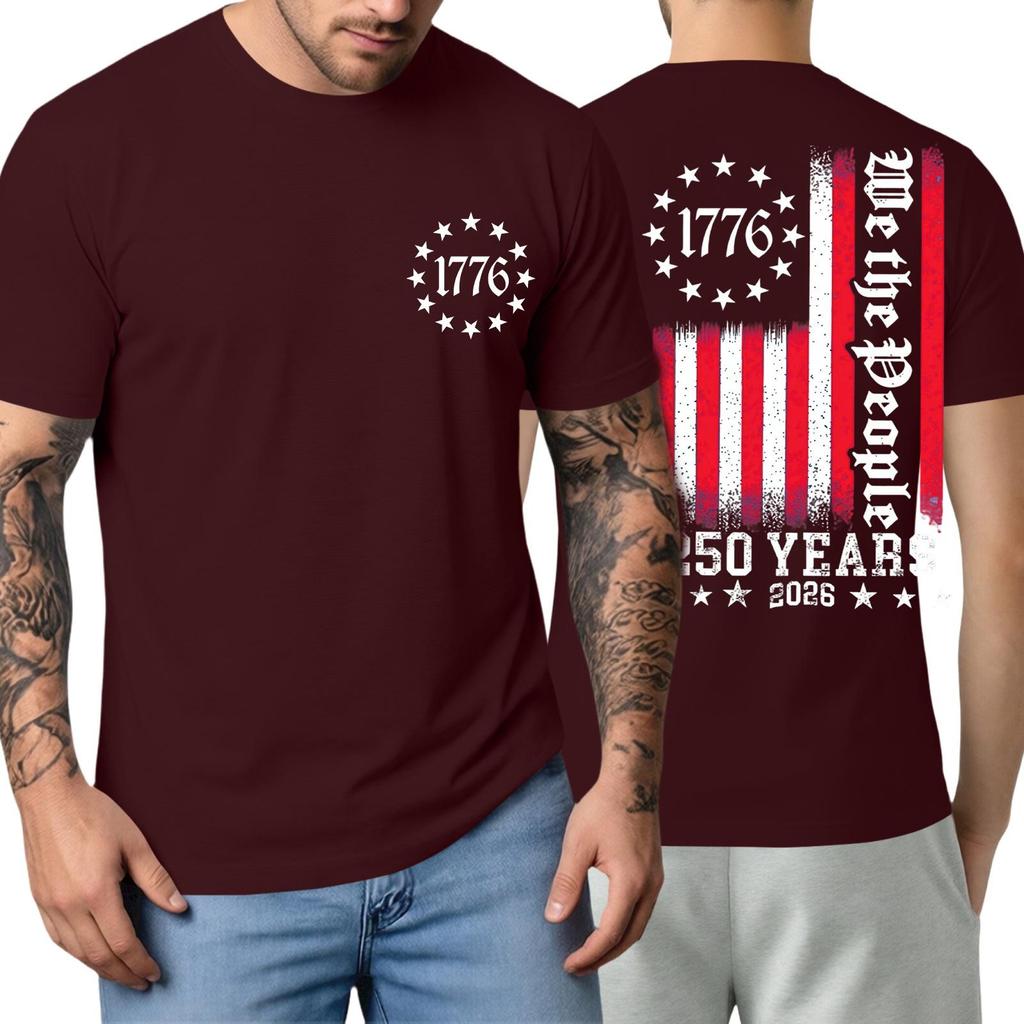 Men's Short Sleeve T Shirt Casual Crewneck Top with 1776 Letter Print and Vertical Stripe Graphic for Everyday Wear 250 Years Edition