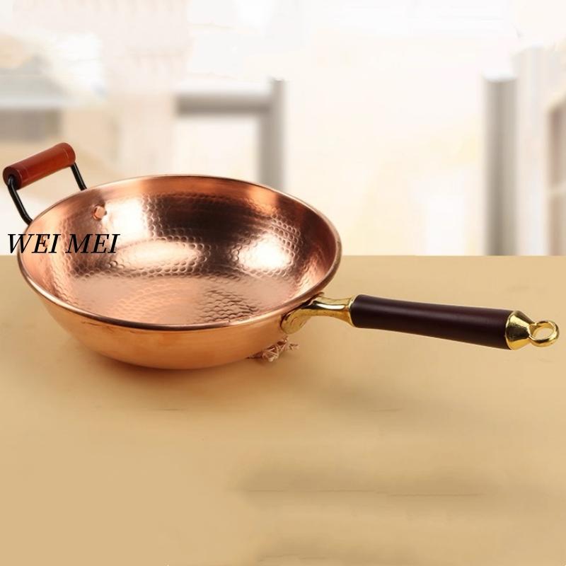 Hand-Forged Copper Wok for Stir-Frying,Mashed Potatoes Stew Pot,Solid Wood Handle Soup Noodle Pot,Home Cooking Outdoor Cookware