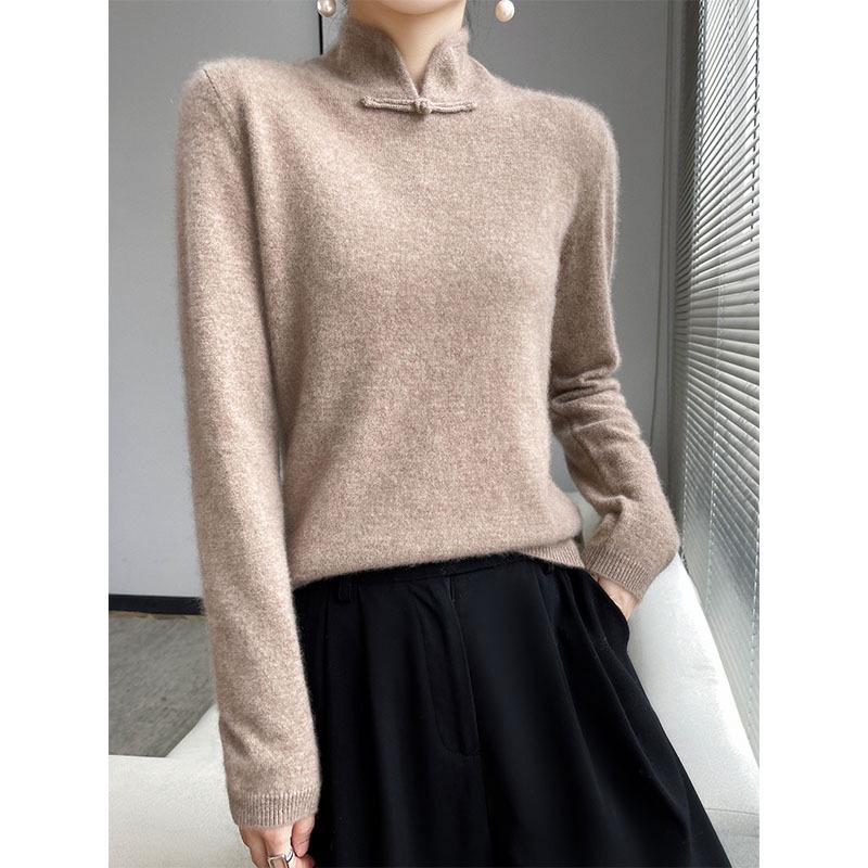 Chinese Retro Knitted High-Neck Cashmere Wool Sweater with Frog Buttons for Women