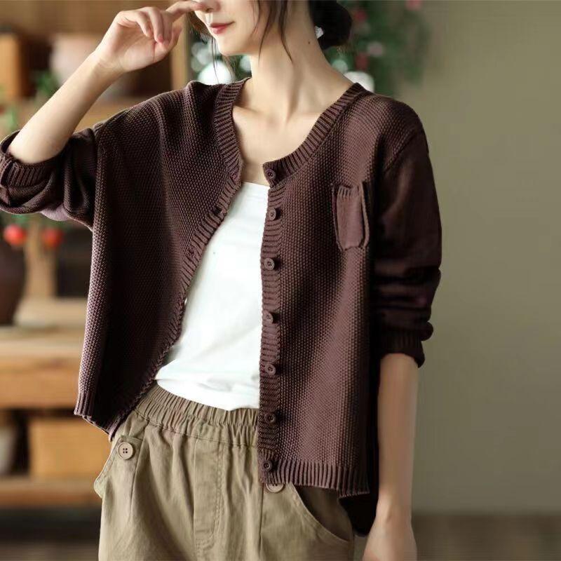

Художественная ретро-весна и осень, тонкая трикотажная рубашка с круглым вырезом, женская куртка с длинным рукавом, трикотажная пряжа, модная повседневная верхняя одежда, кардиган 2XL темно-коричневого
