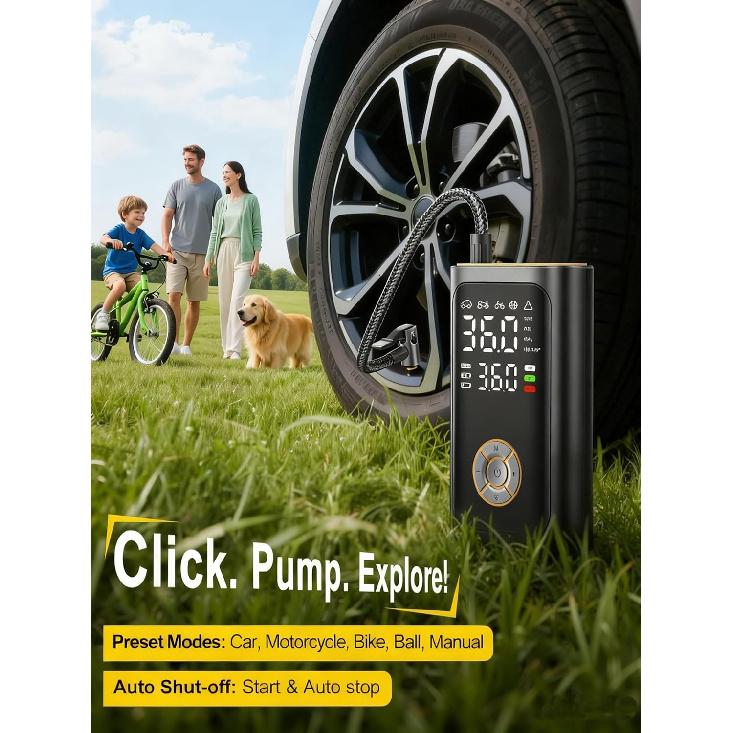 Tire Inflator Portable Air Compressor - 150 PSI Portable Air Pump for Car Tires, Cordless Electric Bike Tire Pump with Digital Pressure Gauge, LED