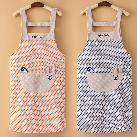Plaid Bib Apron with Rabbit Embroidery Pocket Waterproof Oil-Proof Kitchen Apron for Cooking Baking