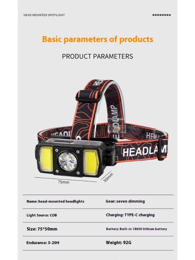 COB Headlamp  LED Work Light High Powerful Sensor Headlight Type-C Rechargeable Torch Waterproof Camping Fishing Search Lantern