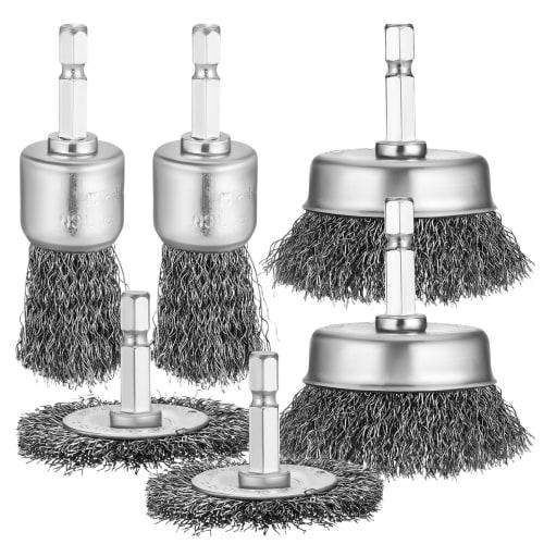 ULTECHNOVO Hexagonal Shaft Wire Brush Set, 6-Piece Set, Stainless Steel Abrasive Brushes, 3 Types: Disc, Umbrella, and Pen Shape, Rust Removal, Electr