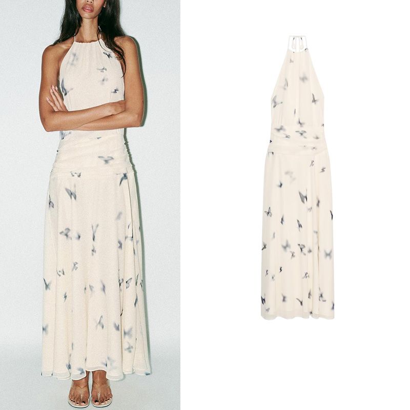 Summer New Product Women's Clothes Fashion Wind Ruched Design Animal Print Hanging Collar Long Dress 3676339