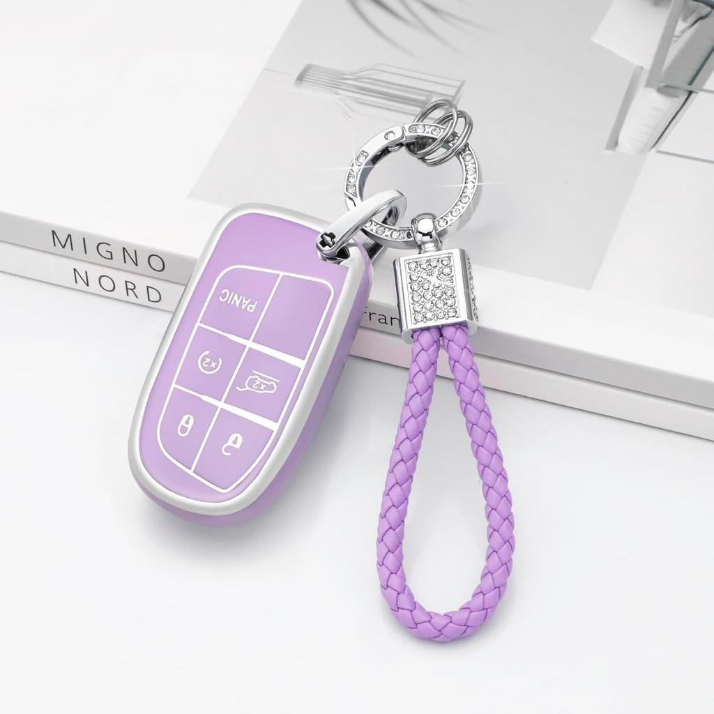 PIFOOG Key Fob Cover for Jeep Cherokee Grand Cherokee Compass Renegade Accessories Purple Bling Keychain 5 Button Car Keys Case Shell Full Covers