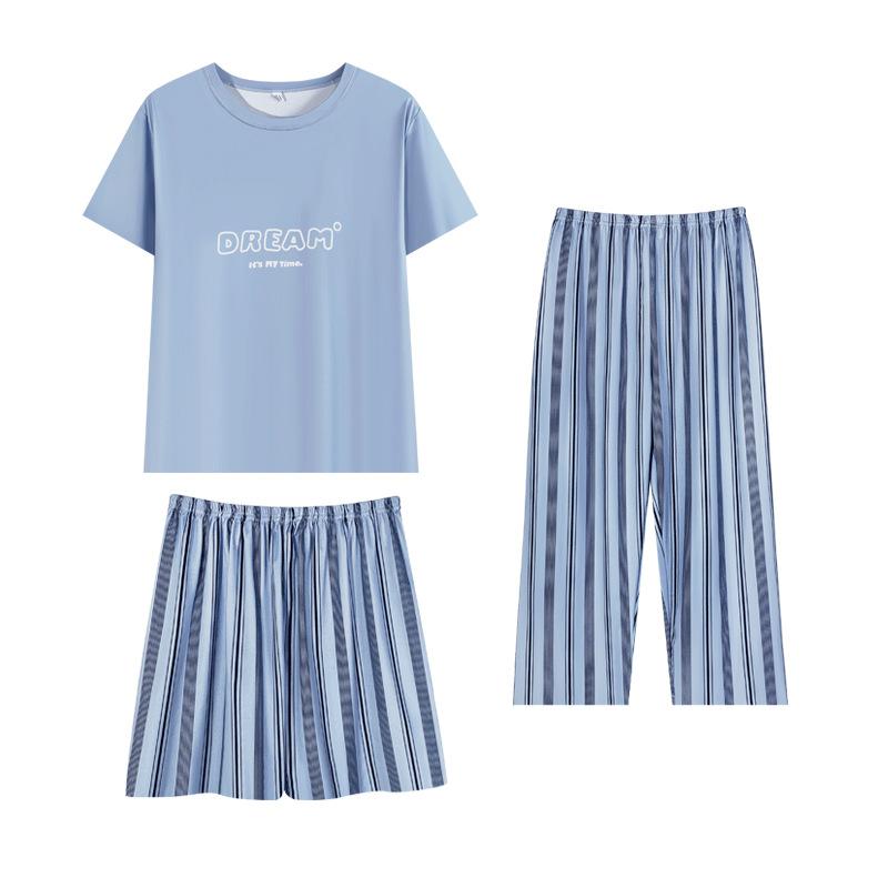 Summer pajamas women's Korean simple style round neck short-sleeved cropped pants three-piece women's comfortable cotton loungewear