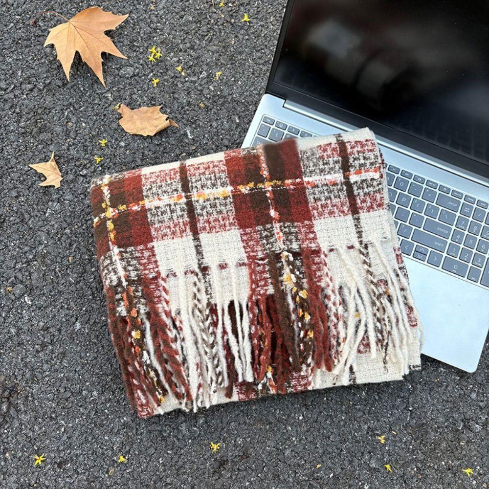 Mohair Winter Cashmere Scarves Tassel Long Shawl Retro Plaid Wool Scarf  Girl