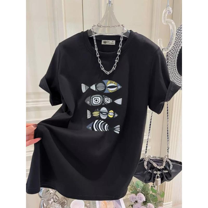 

Новая летняя модная тенденция с принтом рыбок, большая версия, хлопковый топ, свободная футболка с коротким рукавом, женская, средняя и длинная XXXL