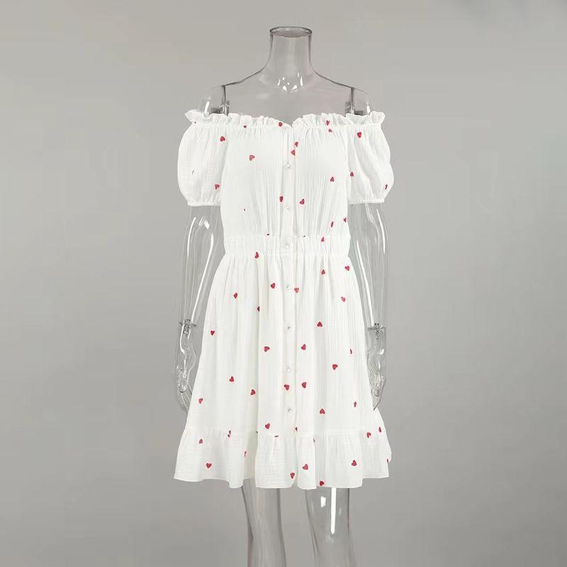 

Fashion Style off-Shoulder Heart Printing Cardigan Dress One Shoulder Love Print Dress Print L