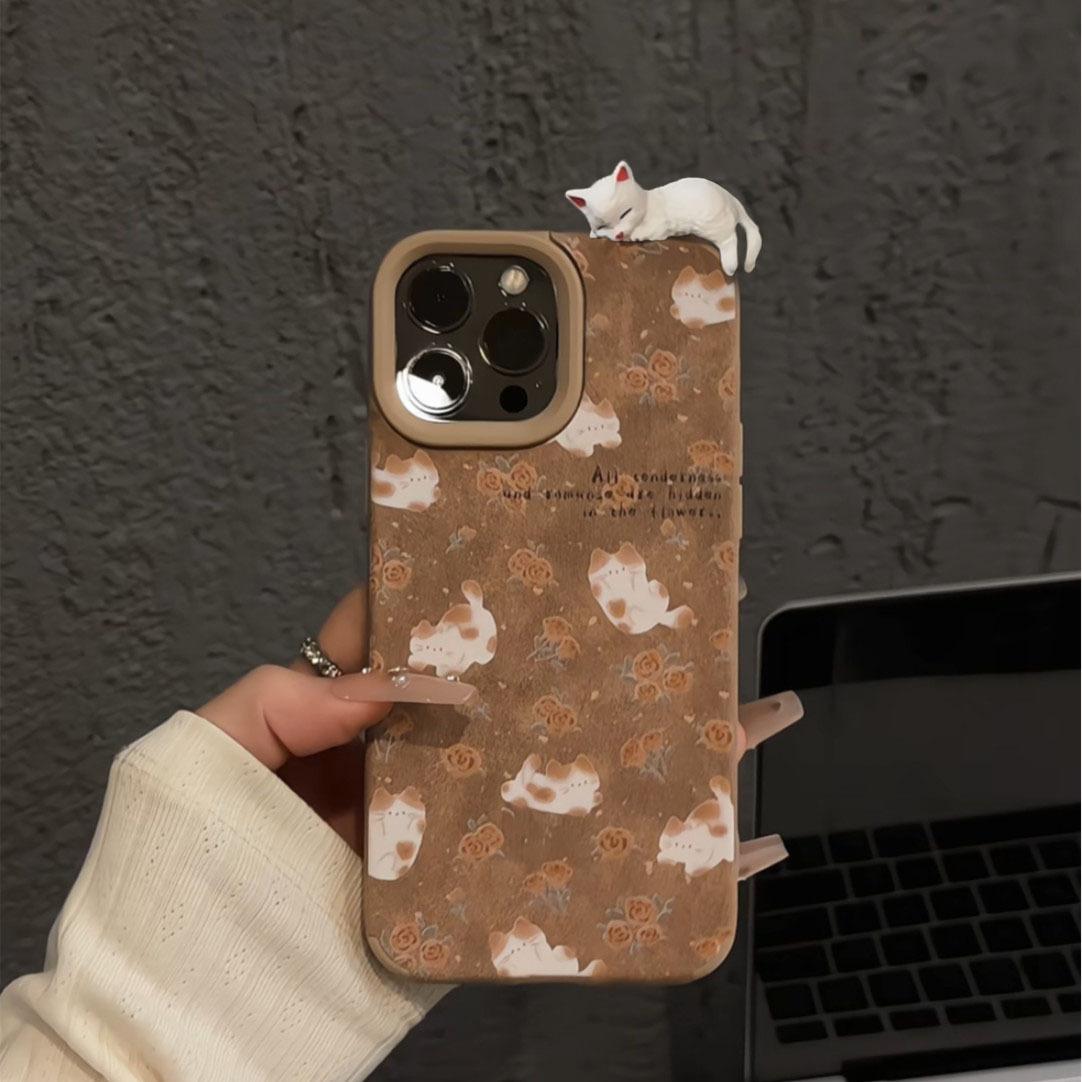 

Korean Leather Three-dimensional Lying Cat for IPhone17promax for Apple 15 Mobile Phone Case 14 New Style 13 Women find x8 pro