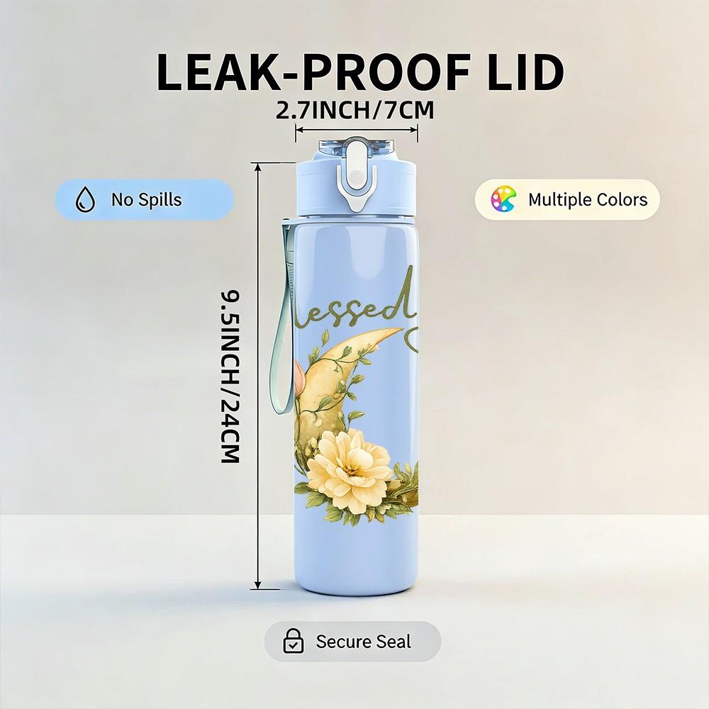 1PC Blessed Be Flower Wreath Quote Print 750ml Color Plastic Sports Water Bottle Leakproof Flip Straw Lid Suitable for Sports Office Home Use