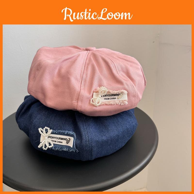 Ins Style Denim Beret Hat With Pearl Embellishments Cute And Stylish Headwear For Women