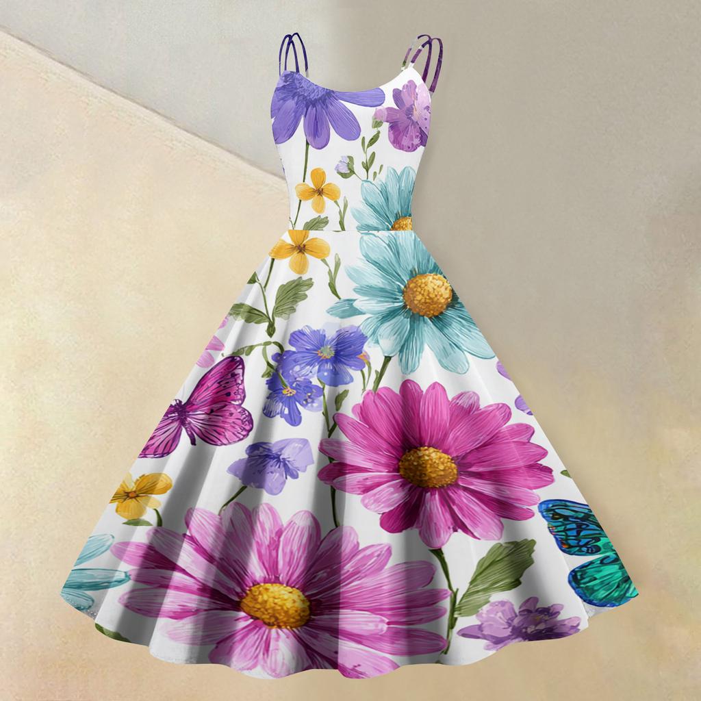 Women's fashionable casual floral print round neck sleeveless dress