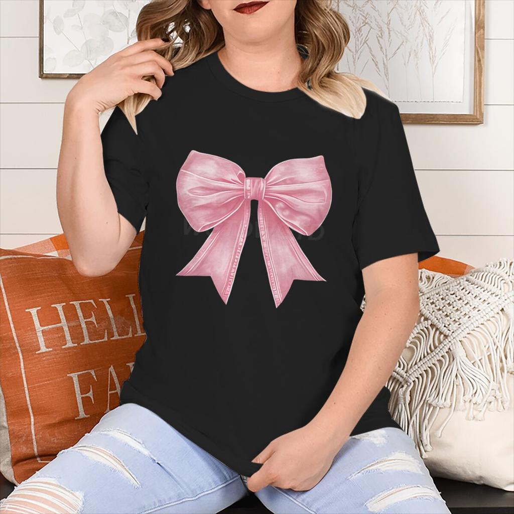 Pink Coquette Bow Design Tshirts Pink Bow Graphic Graphic T Shirts Short Sleeve Tee Unisexs Clothes Harajuku Y2k Clothing