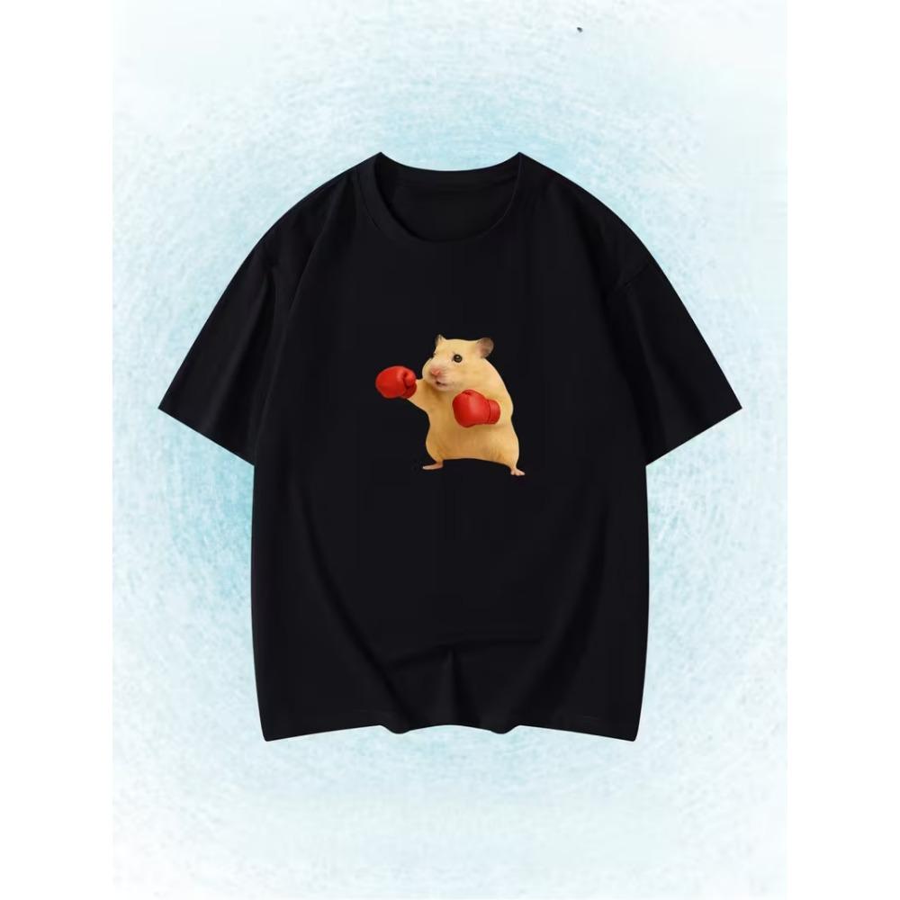 Fun Skiing Hamster Print T-Shirt Cute Meme-Style Short-Sleeve Summer Casual Top Perfect Women Clothing Fashion