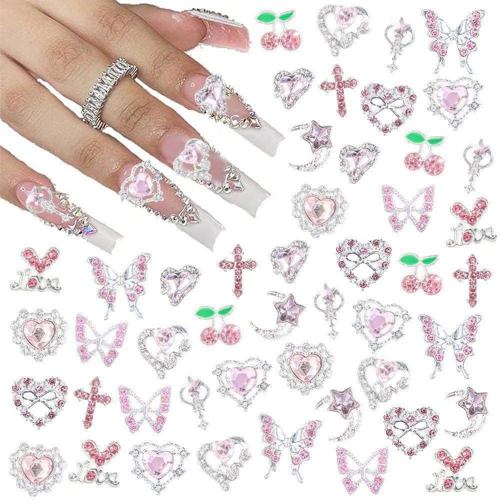 24pcs New Y2k Style Nail Art Rhinestone 3D Heart Star Bow Cherry DIY Nail Charms Resin and Alloy Nail Gems Decor Nail Supplies