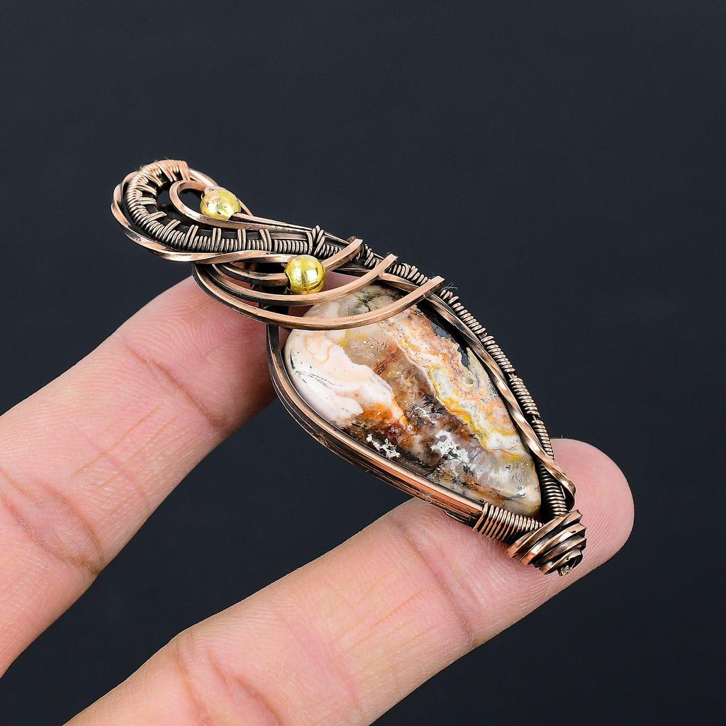 Crazy Lace Agate Gemstone Pure Copper Wire Wrapped Handmade Pendant Jewelry For Gift