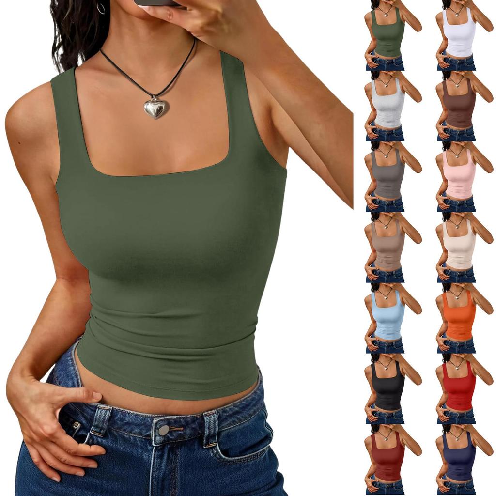 Women's Fashion Basic Sleeveless Tank Top Square Neck Stretch Slim Fit Casual Summer Layering Shirt