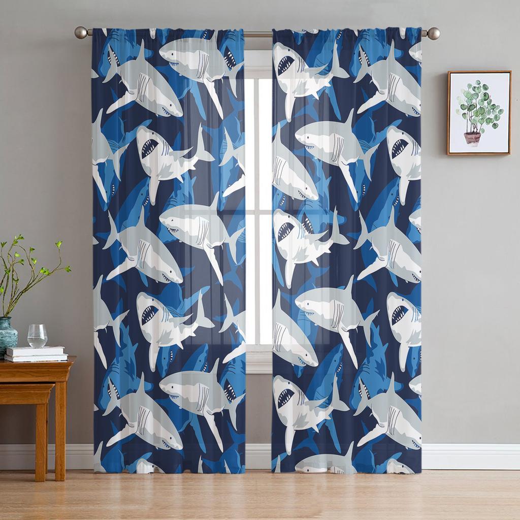Sea Shark Tulle Curtains for Living Room Printed Sheer Voile Curtain for Bedroom Window Screening Drapes Blinds Home Decor