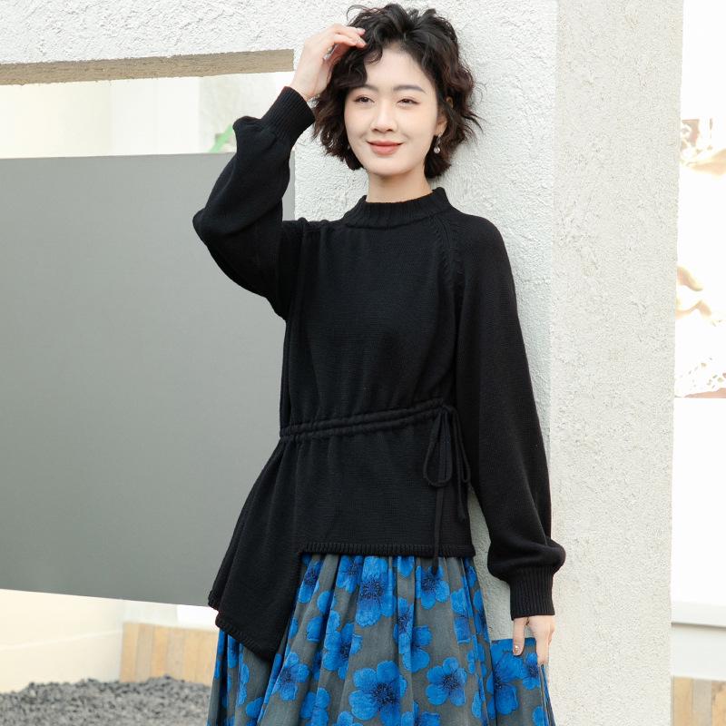 

2026 Spring Retro Ethnic Knit Top & Blue Print Skirt Plus Size Two-Piece Set for Women XL (Recommended for 125-155 lbs)