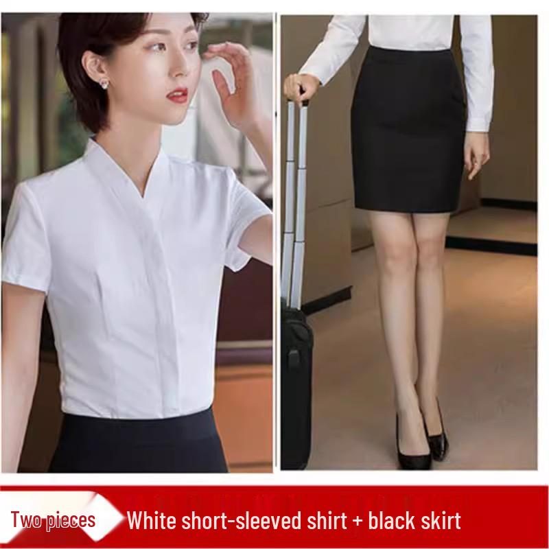Women's White V-neck Professional Flight Attendant Shirt: Interview and Workwear Suit for Airline and Hotel Staff