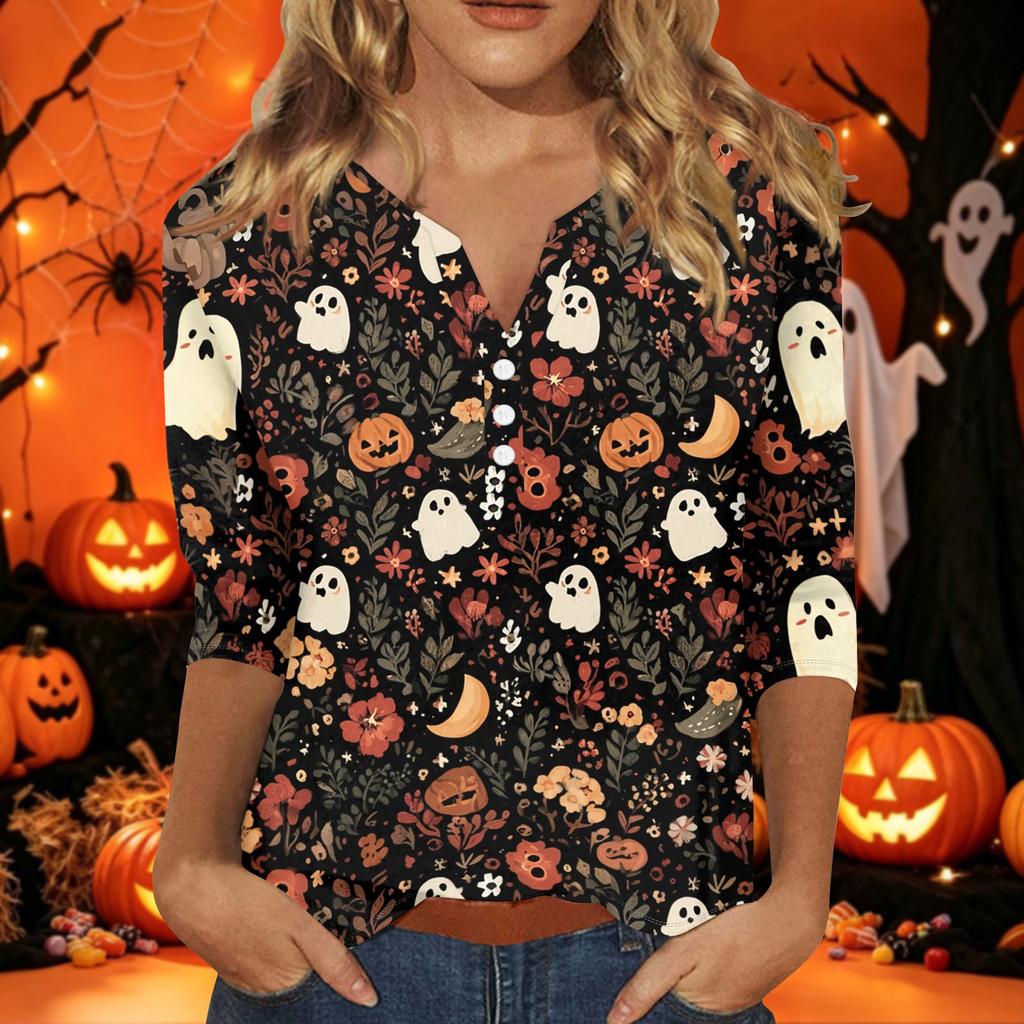 Women's Halloween Print V-Neck Short Sleeve T-Shirt with Decorative Buttons for Casual Fall Outfits