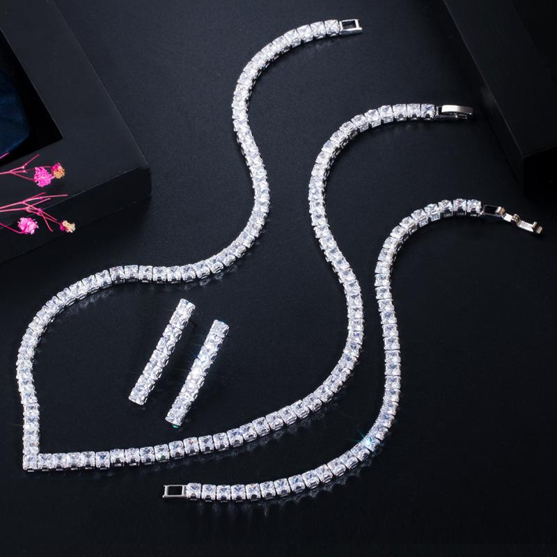 T0165 Bridal Wedding Dinner Accessories, Full Of Zircon Necklace Earrings Bracelet Three-Piece Set
