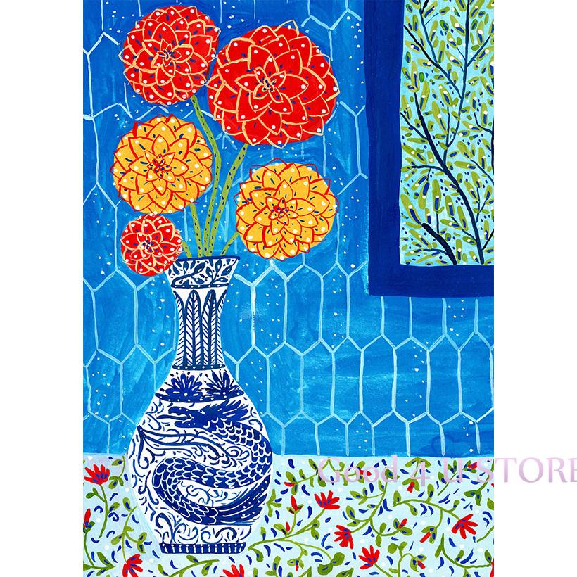 Griechischer Blumenstrauß Pflanzen Granatapfelblüte Dahlie Vase Boho Botanisches Poster Leinwandmalerei Wandkunst Bilder Heimdekor Geschenk