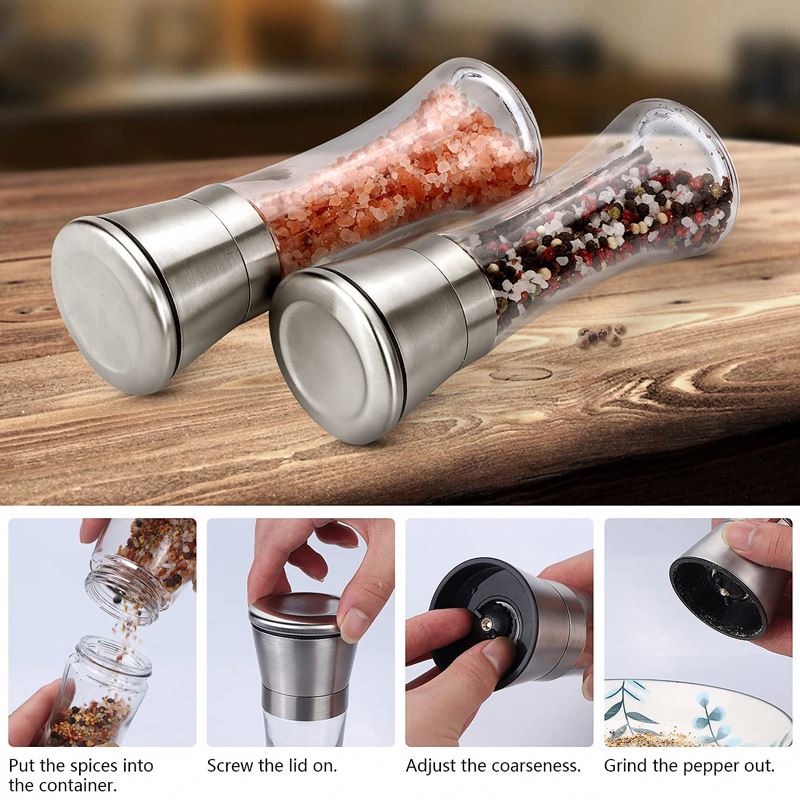 Salt Pepper Grinder Spices Pepper Mill Seasoning Bottle Grinder Stainless Steel Combo Shakers with Adjustable Coarse Mills
