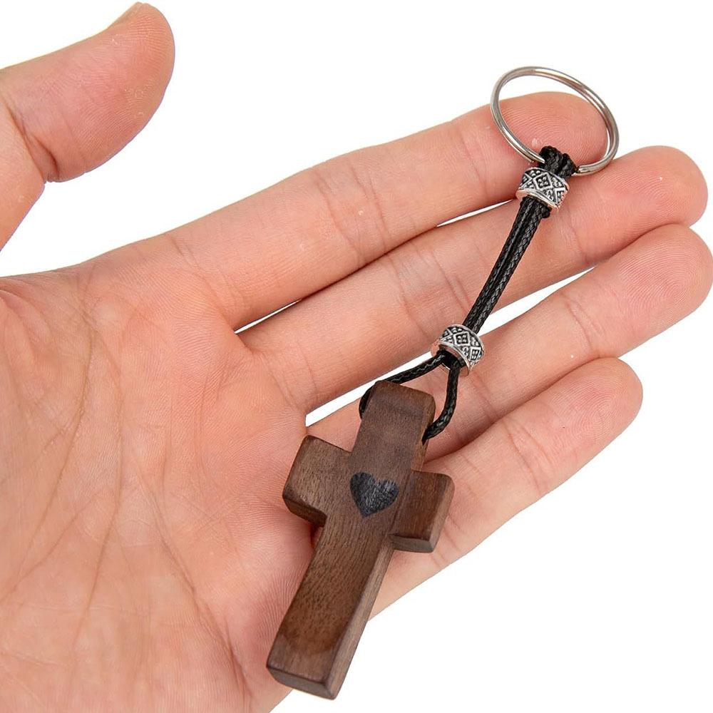 Handcrafted Walnut Heart Cross Keychain
