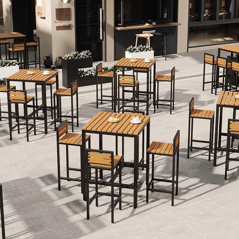 Outdoor Wood-Plastic Waterproof Bar Table & Chairs Set - High-Legged, Wall-Leaning Design for Balcony or Coffee Shop