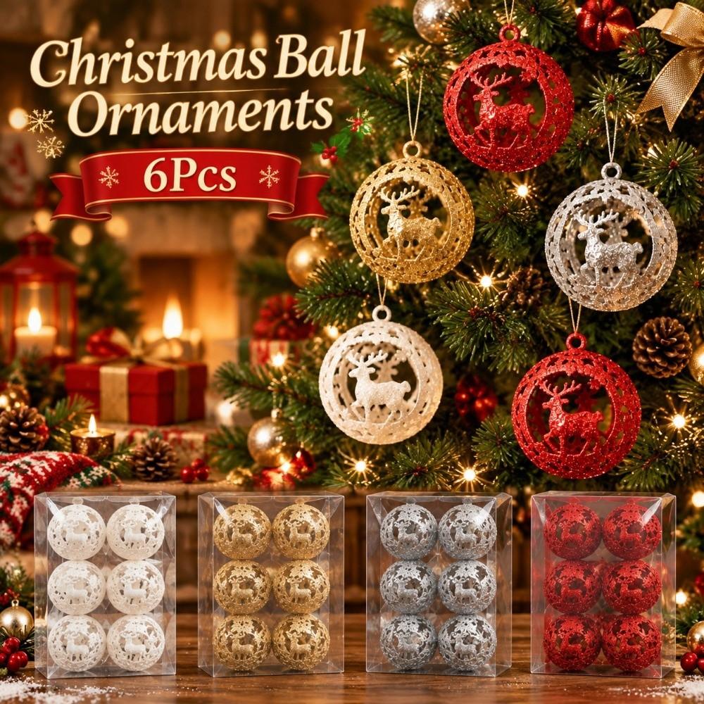 6Pcs Glitter Christmas Ball Ornaments Hanging Xmas Tree Decoration Balls Holiday Home Decoration