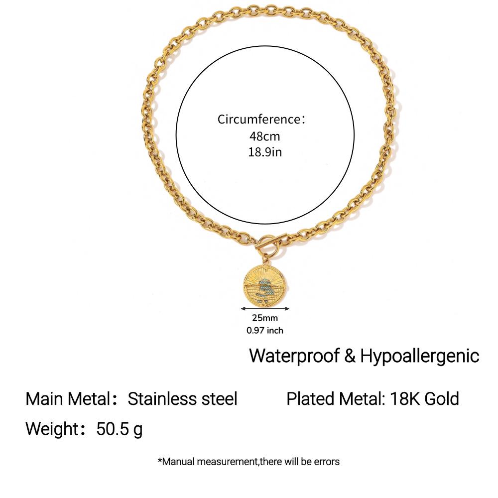 18k Gold-Plated Stainless Steel Necklace with Blue Zirconia Pendant and OT Buckle