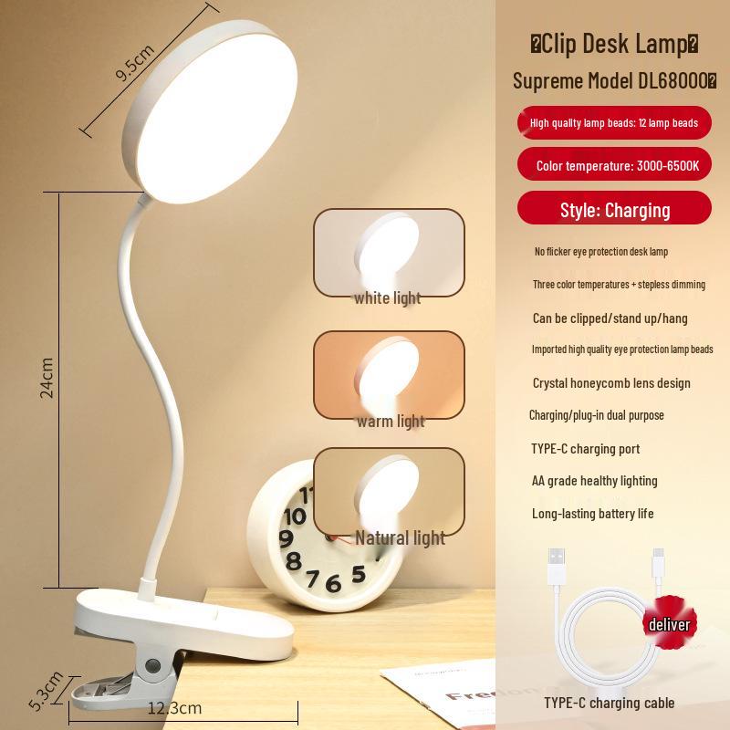 LED Desk Lamp with Flexible Hose and Clip, Dual Power Options for Student Reading