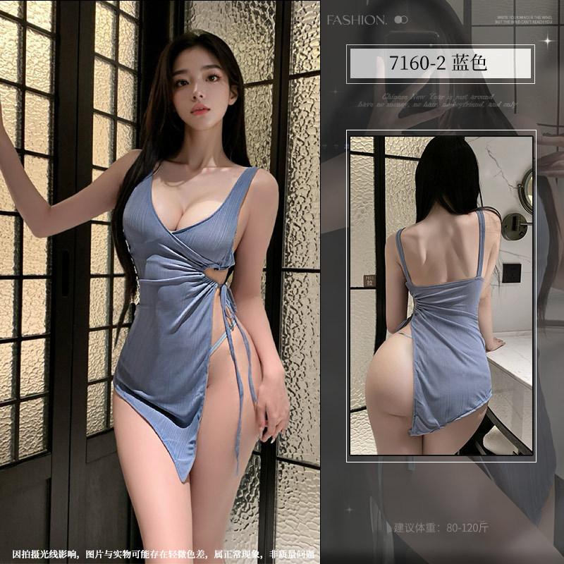 Sex underwear deep V French sexy, waist pumping pleated high split hip wrap thin lace-up strap pure desire suspender skirt