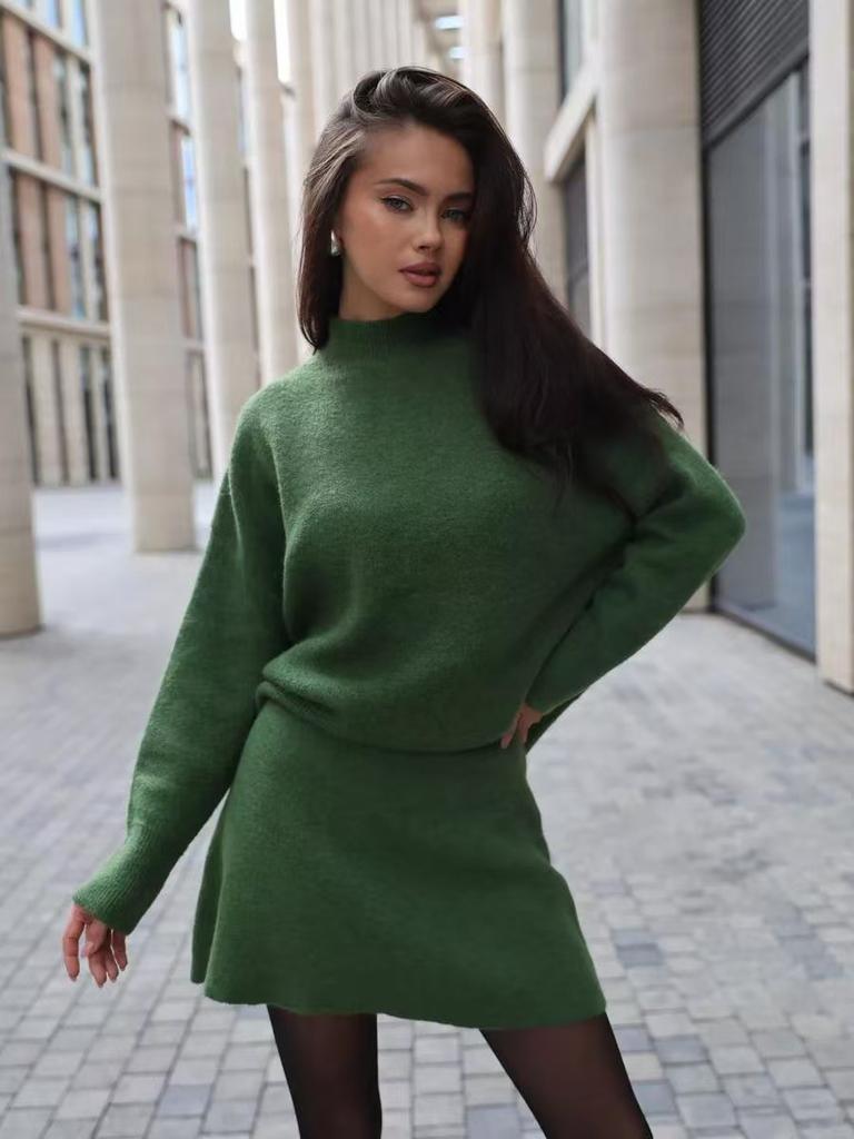 European and American style semi-turtleneck sweater set women's autumn and winter new loose knitted A-word hip-wrapped skirt two-piece set
