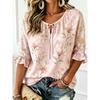 Women's Tie Keyhole Neck Blouse, Light Pink Base Seashell Grass Floral Allover Print, Loose Fit for Spring Summer Daily Outfits