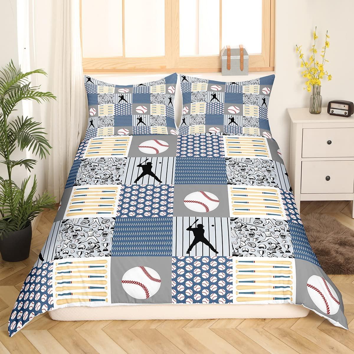 Baseball Duvet Covers Queen for Boys Kids Sports Comforter Cover Baseball Field Bed Set Ball Game Gaming Gamer Quilt Cover 3 Pcs (135x200cm)